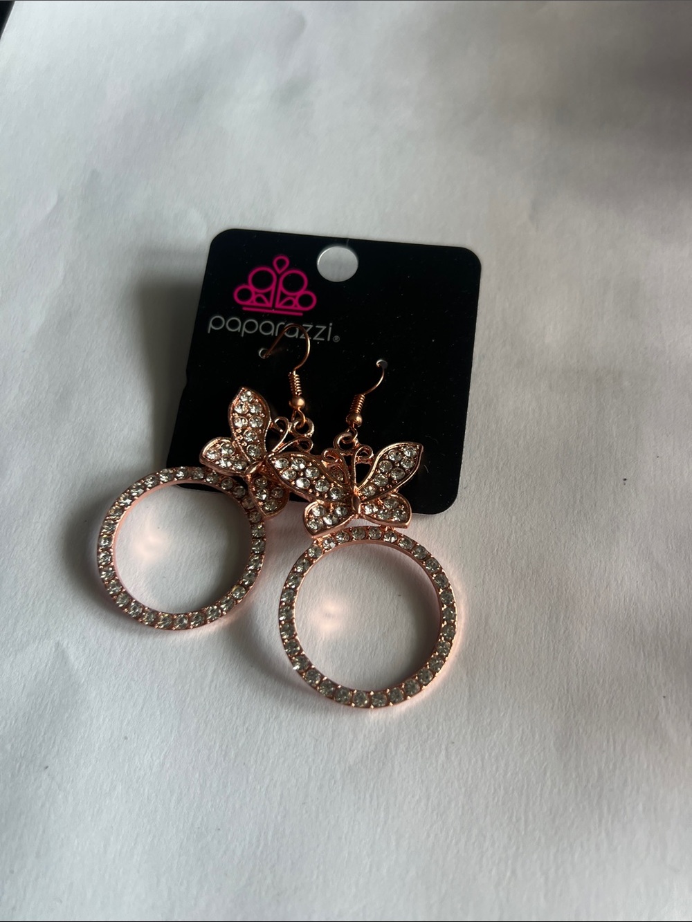 paparazzi Rose Gold Butterfly Hoop Earrings - Clear Crystal